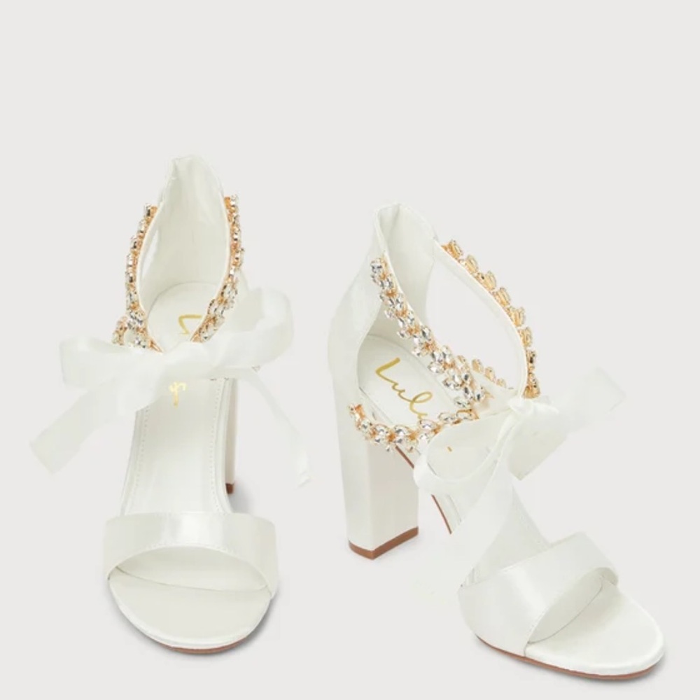Lulu's Kathie  White Satin Rhinestone High Heel Sandals - NWOT